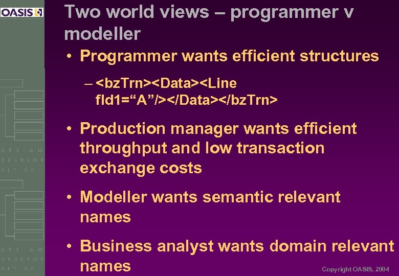 Two world views – programmer v modeller • Programmer wants efficient structures – <bz.