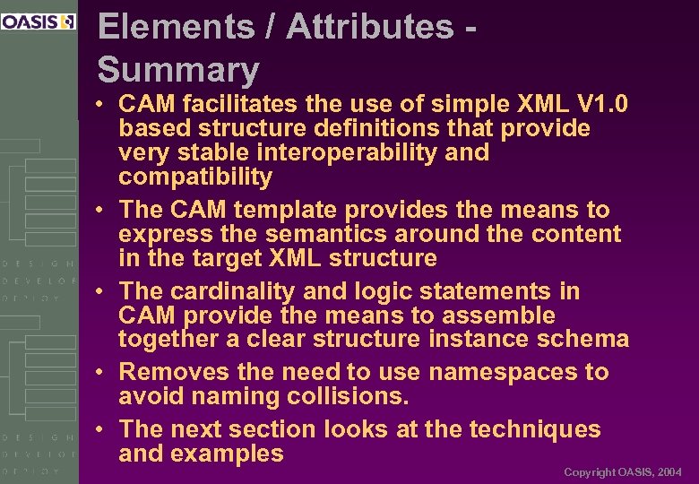 Elements / Attributes Summary • CAM facilitates the use of simple XML V 1.