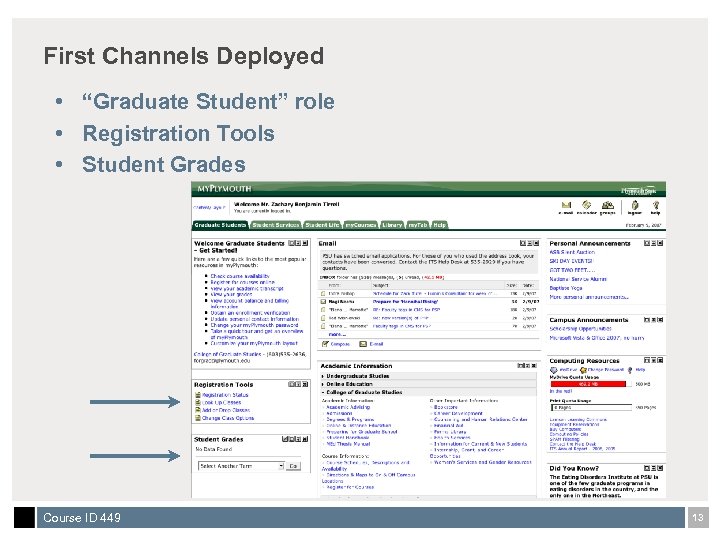 First Channels Deployed • “Graduate Student” role • Registration Tools • Student Grades Course