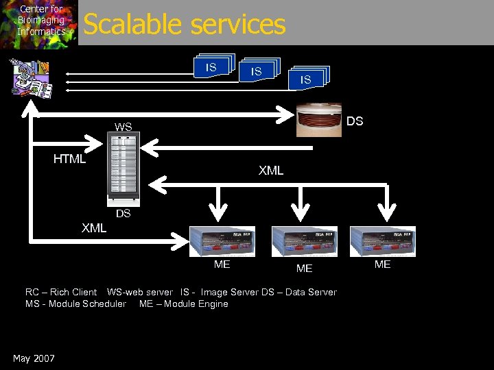 Center for Bioimaging Informatics Scalable services IS IS IS DS WS HTML XML DS