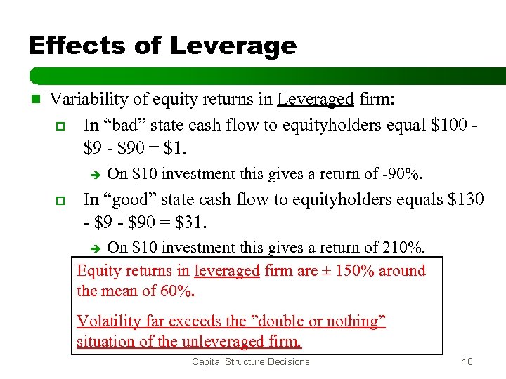 Effects of Leverage n Variability of equity returns in Leveraged firm: o In “bad”