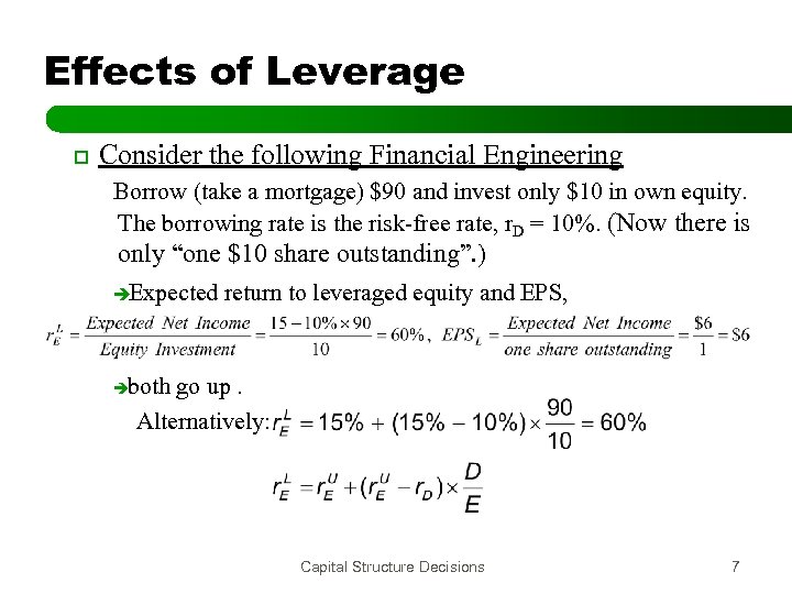 Effects of Leverage o Consider the following Financial Engineering Borrow (take a mortgage) $90