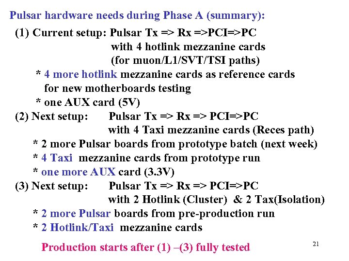 Pulsar hardware needs during Phase A (summary): (1) Current setup: Pulsar Tx => Rx