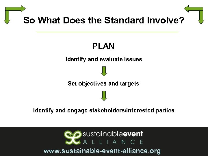 So What Does the Standard Involve? PLAN Identify and evaluate issues Set objectives and