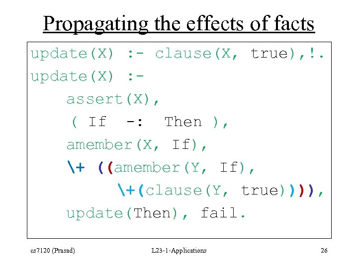 Propagating the effects of facts update(X) : - clause(X, true), !. update(X) : assert(X),