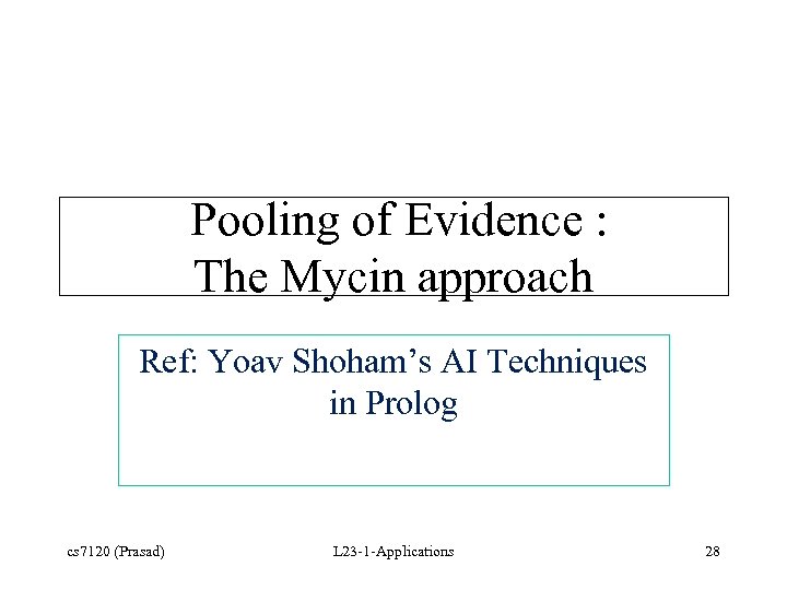 Pooling of Evidence : The Mycin approach Ref: Yoav Shoham’s AI Techniques in Prolog