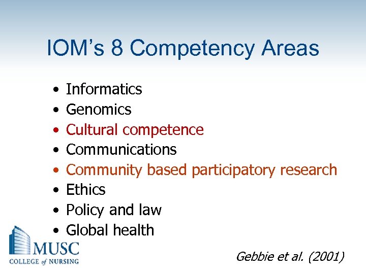 IOM’s 8 Competency Areas • • Informatics Genomics Cultural competence Communications Community based participatory