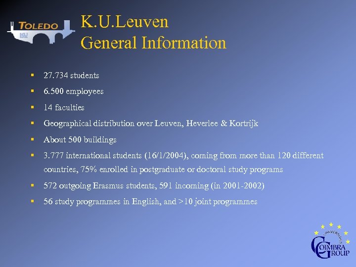 K. U. Leuven General Information § 27. 734 students § 6. 500 employees §