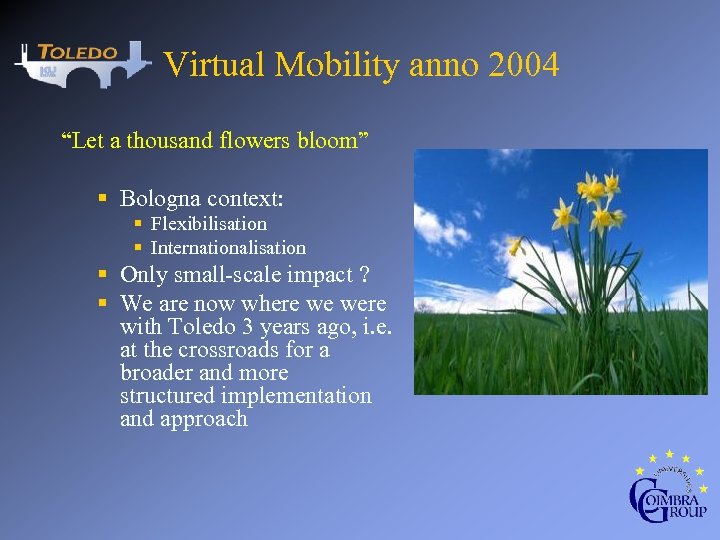 Virtual Mobility anno 2004 “Let a thousand flowers bloom” § Bologna context: § Flexibilisation