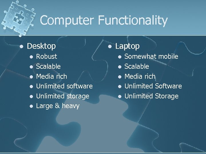Computer Functionality l Desktop l l l Robust Scalable Media rich Unlimited software Unlimited