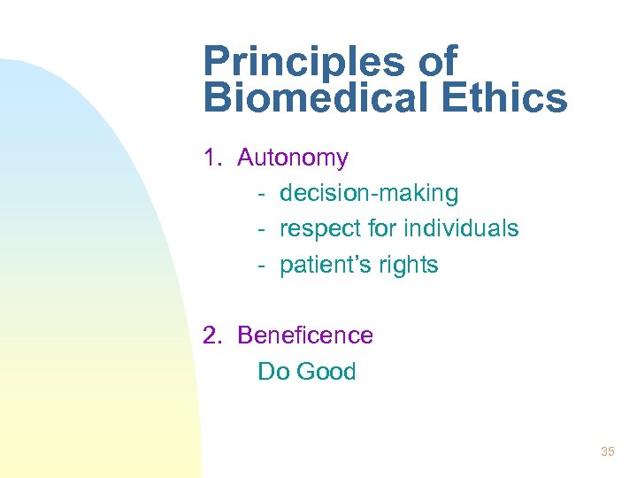Principles of Biomedical Ethics 1. Autonomy - decision-making - respect for individuals - patient’s