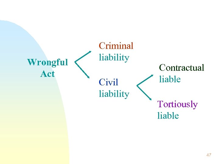 Wrongful Act Criminal liability Civil liability Contractual liable Tortiously liable 47 