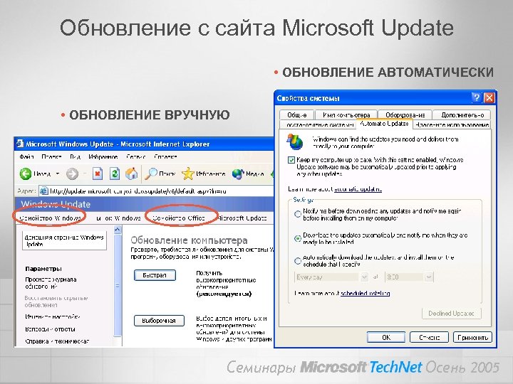 Обновление с сайта Microsoft Update • ОБНОВЛЕНИЕ АВТОМАТИЧЕСКИ • ОБНОВЛЕНИЕ ВРУЧНУЮ Семинары Осень 2005