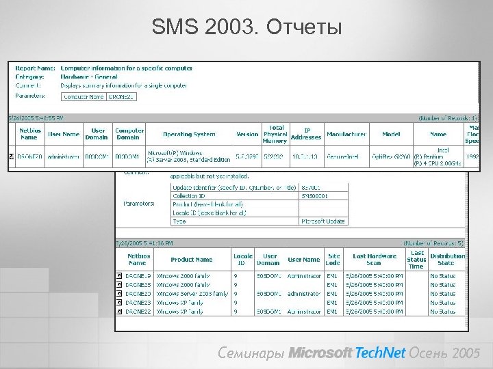 SMS 2003. Отчеты Семинары Осень 2005 