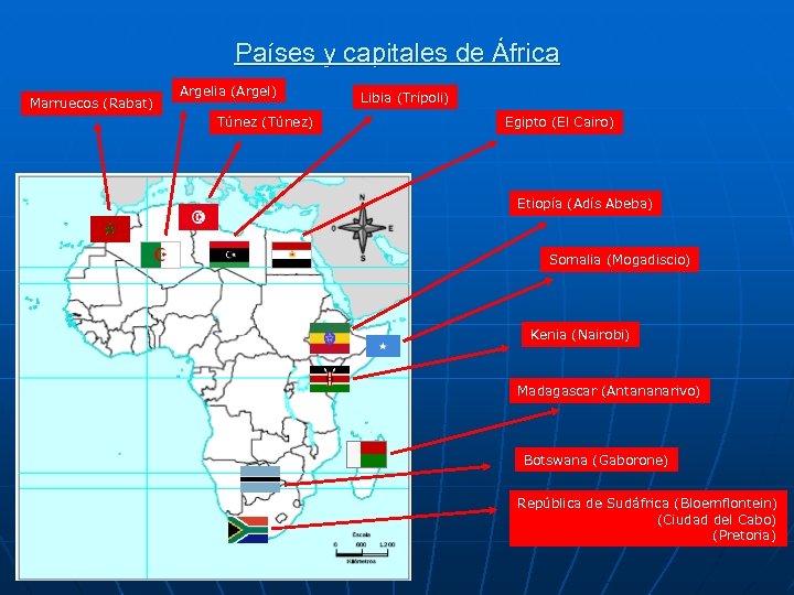 Países y capitales de África Marruecos (Rabat) Argelia (Argel) Túnez (Túnez) Libia (Trípoli) Egipto