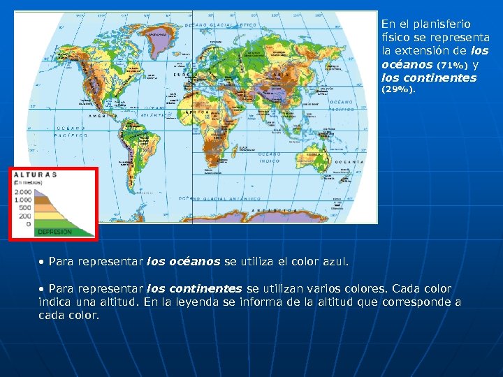 En el planisferio físico se representa la extensión de los océanos (71%) y los