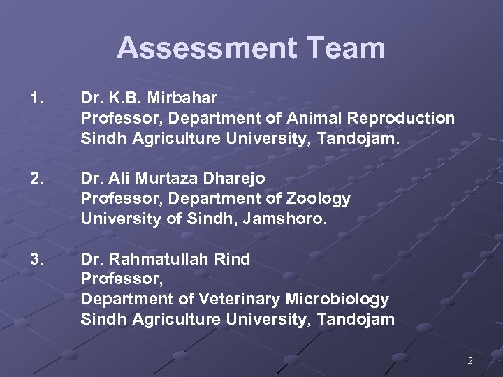 Assessment Team 1. Dr. K. B. Mirbahar Professor, Department of Animal Reproduction Sindh Agriculture