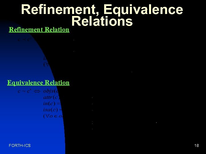 Refinement, Equivalence Relations Refinement Relation Equivalence Relation FORTH-ICS 18 