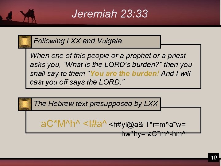 Jeremiah 23: 33 Following LXX and Vulgate When one of this people or a