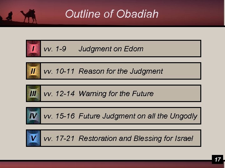 Outline of Obadiah I vv. 1 -9 Judgment on Edom II vv. 10 -11