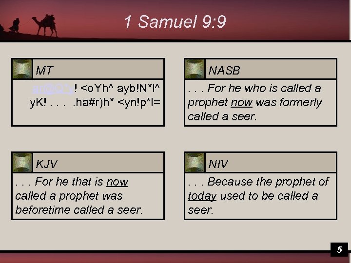 1 Samuel 9: 9 MT ar@Q*y! <o. Yh^ ayb!N*l^ y. K!. . ha#r)h* <yn!p*l=