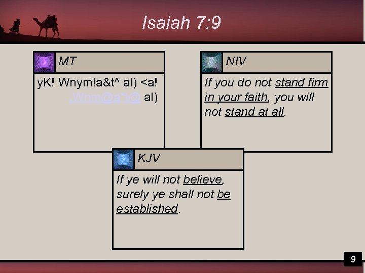 Isaiah 7: 9 MT NIV y. K! Wnym!a&t^ al) <a!. Wnm@a*t@ al) If you