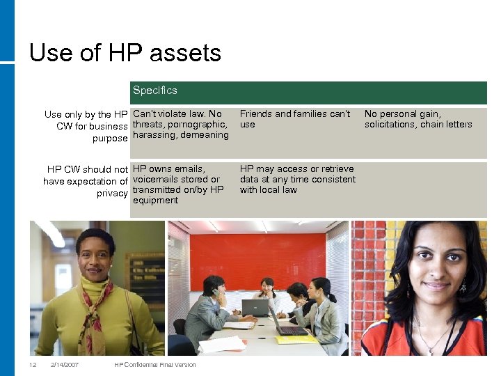 Use of HP assets Specifics Use only by the HP Can’t violate law. No
