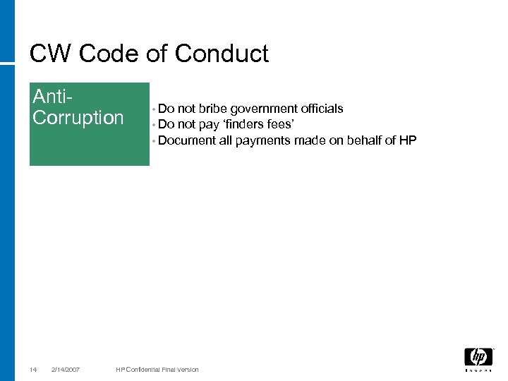 CW Code of Conduct Anti. Corruption 14 2/14/2007 • Do not bribe government officials