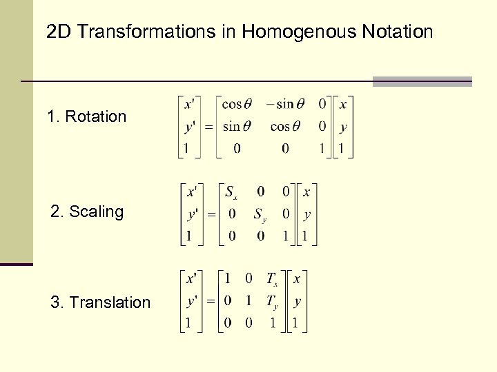 2 D Transformations in Homogenous Notation 1. Rotation 2. Scaling 3. Translation 