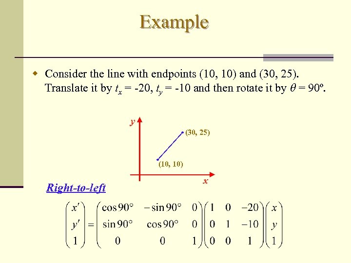 Example w Consider the line with endpoints (10, 10) and (30, 25). Translate it