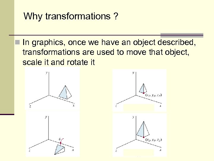 Why transformations ? n In graphics, once we have an object described, transformations are