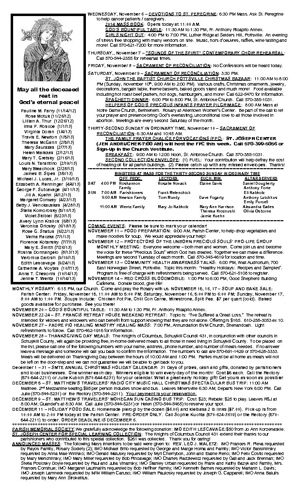 WEDNESDAY, November 6 – DEVOTIONS TO ST. PEREGRINE: 6: 30 PM Mass. Ask St.