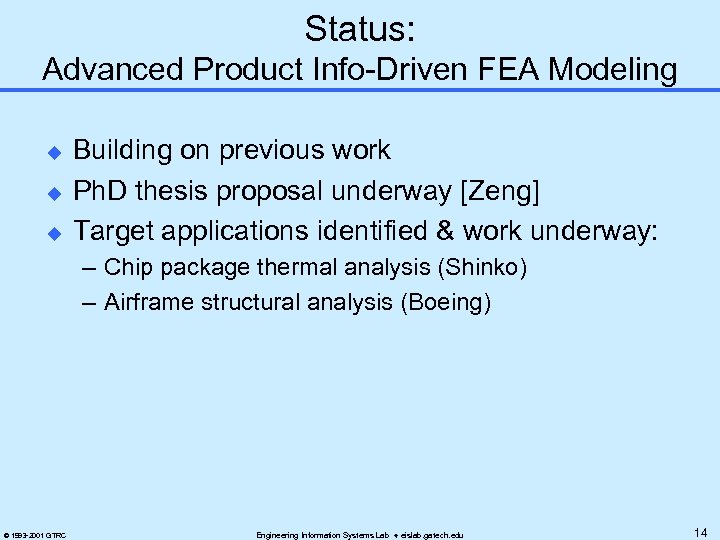 Status: Advanced Product Info-Driven FEA Modeling u u u Building on previous work Ph.