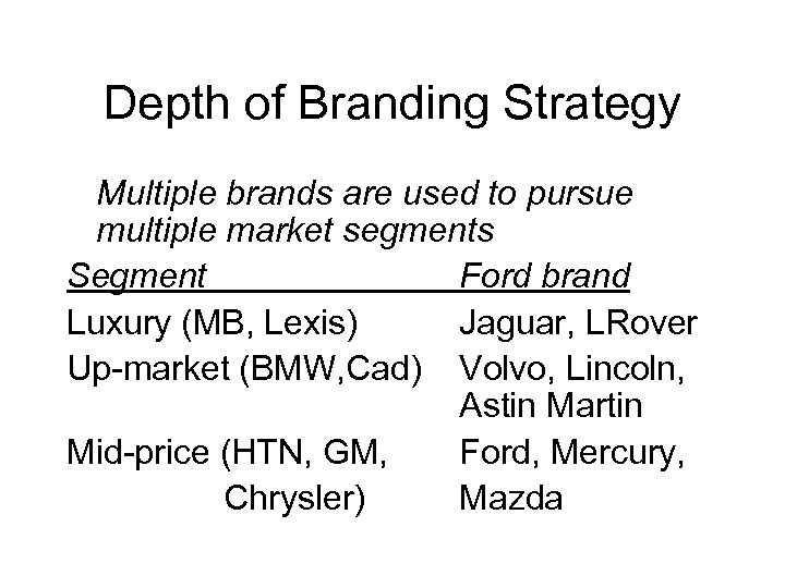 Depth of Branding Strategy Multiple brands are used to pursue multiple market segments Segment