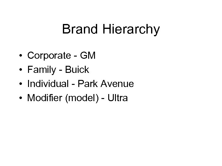 Brand Hierarchy • • Corporate - GM Family - Buick Individual - Park Avenue