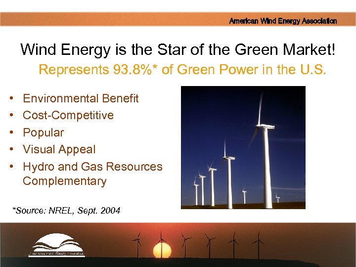 American Wind Energy Association Wind Energy is the Star of the Green Market! Represents