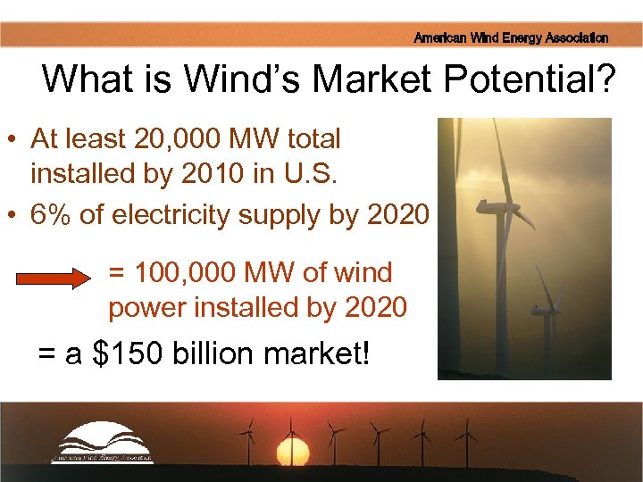 American Wind Energy Association What is Wind’s Market Potential? • At least 20, 000