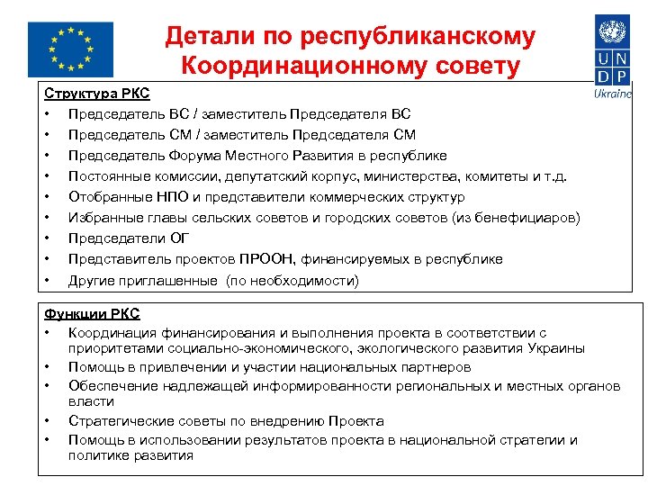 Детали по республиканскому Координационному совету Структура РКС • Председатель ВС / заместитель Председателя ВС