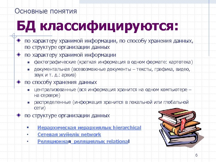 Основные понятия БД классифицируются: по характеру хранимой информации, по способу хранения данных, по структуре