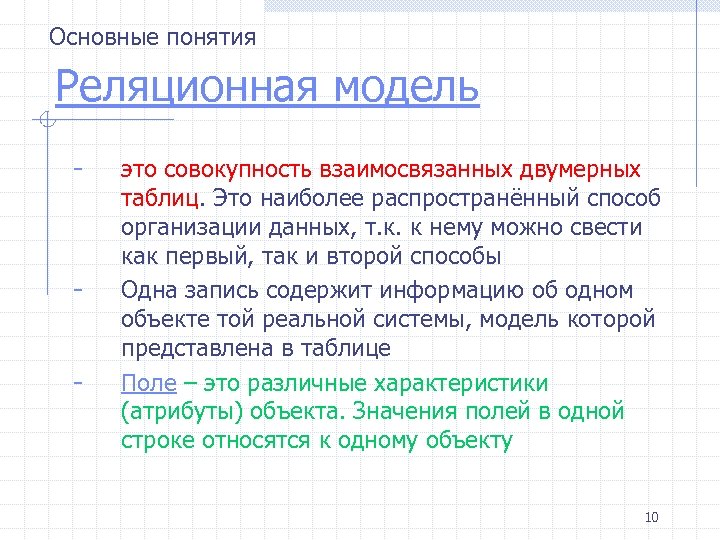 Основные понятия Реляционная модель - - это совокупность взаимосвязанных двумерных таблиц. Это наиболее распространённый
