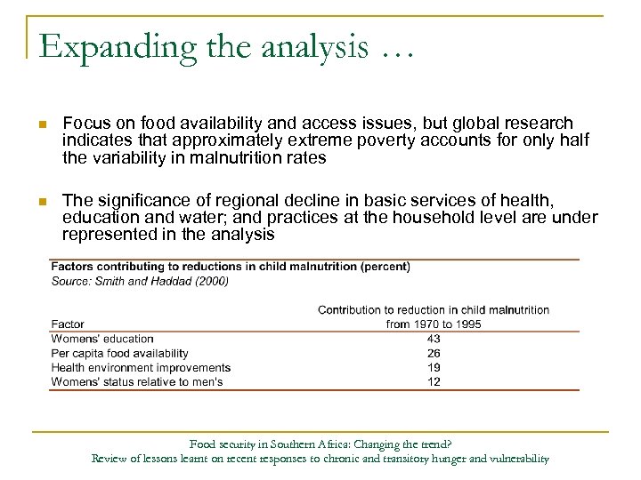 Expanding the analysis … n Focus on food availability and access issues, but global