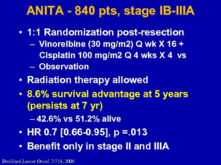 ANITA - 840 pts, stage IB-IIIA • 1: 1 Randomization post-resection – Vinorelbine (30