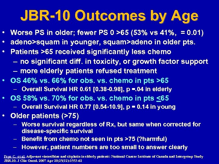 JBR-10 Outcomes by Age • Worse PS in older; fewer PS 0 >65 (53%