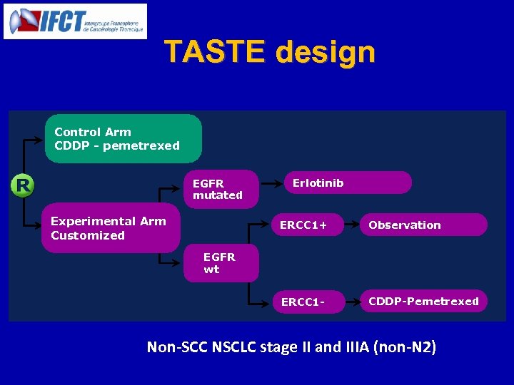 TASTE design Control Arm CDDP - pemetrexed EGFR mutated Experimental Arm Customized Erlotinib ERCC