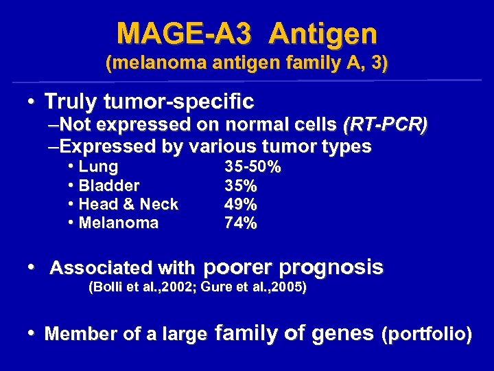 MAGE-A 3 Antigen (melanoma antigen family A, 3) • Truly tumor-specific –Not expressed on