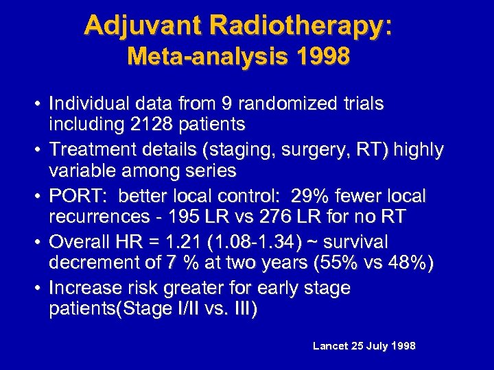 Adjuvant Radiotherapy: Meta-analysis 1998 • Individual data from 9 randomized trials including 2128 patients