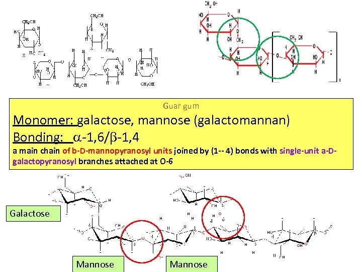 Guar gum Monomer: galactose, mannose (galactomannan) Bonding: -1, 6/ -1, 4 a main chain