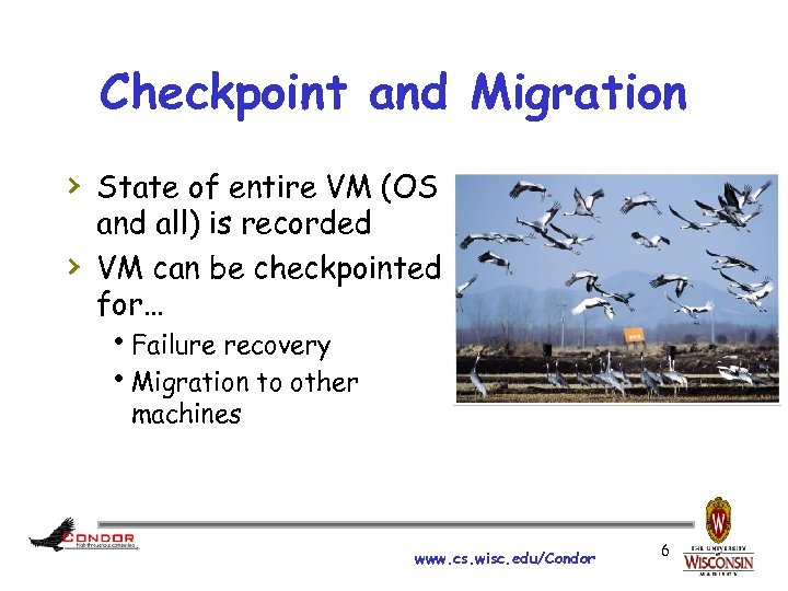 Checkpoint and Migration › State of entire VM (OS › and all) is recorded