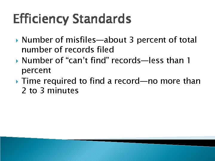 Efficiency Standards Number of misfiles—about 3 percent of total number of records filed Number