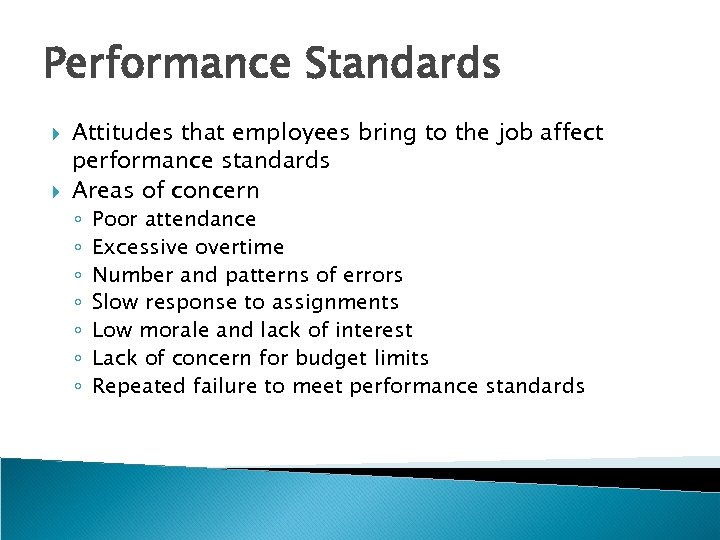 Performance Standards Attitudes that employees bring to the job affect performance standards Areas of